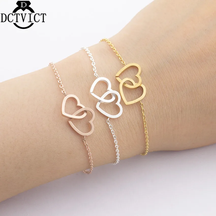 

10Pcs Stainless Steel Pulseras Mujer Rose Gold Double Heart Charm Bracelet Wedding Jewelry Bridesmaid Gift Bracelet