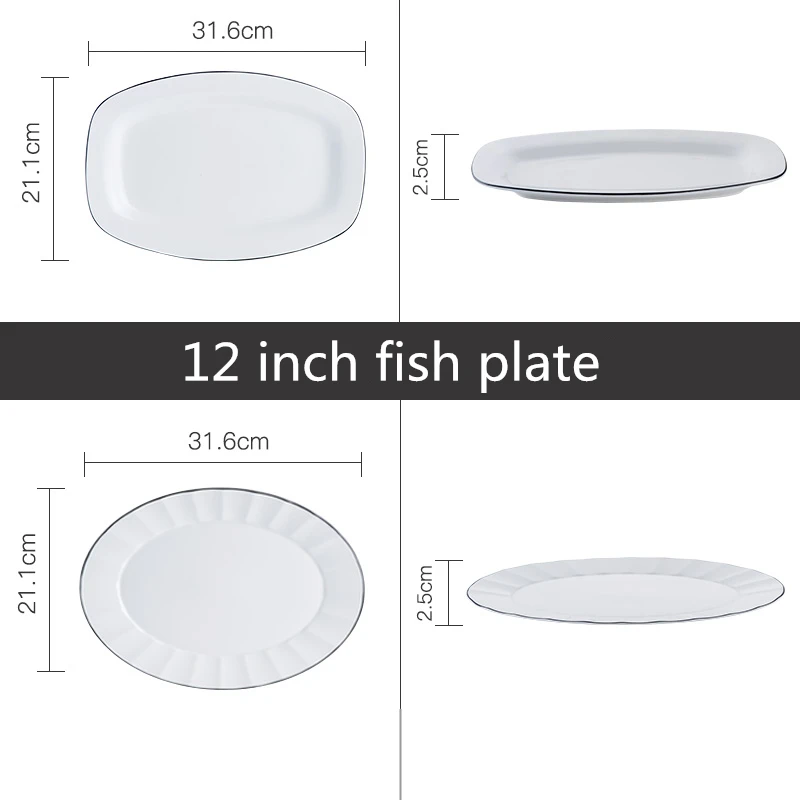 

1pc 12 inch china Style Dinner Plate Ceramic Sushi Plate Fish Dinner Dishes Black border Household Dinnerware