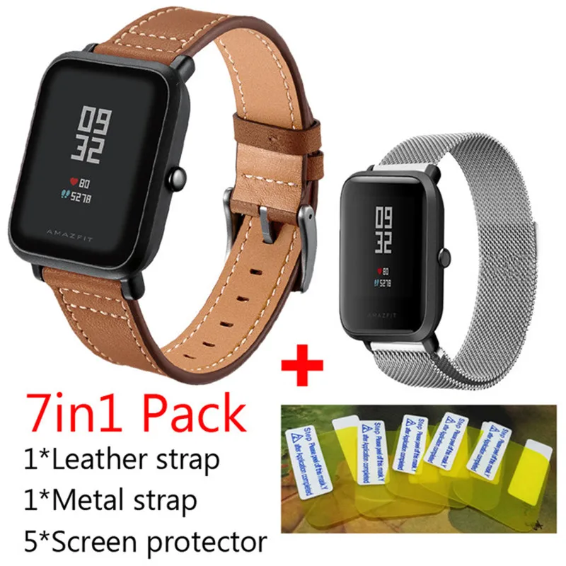 3в1 кожаный+ Миланский ремень из нержавеющей стали для Xiaomi Huami Amazfit Bip Bit ремешок Youth Edition часы пульсометр - Цвет: 04