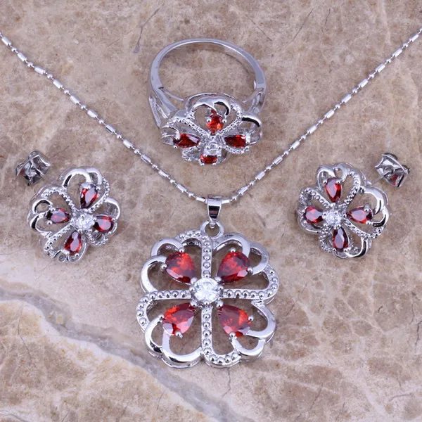 Серёжки и кольцо с красным гранатом Размер 7 - 8 | Украшения аксессуары