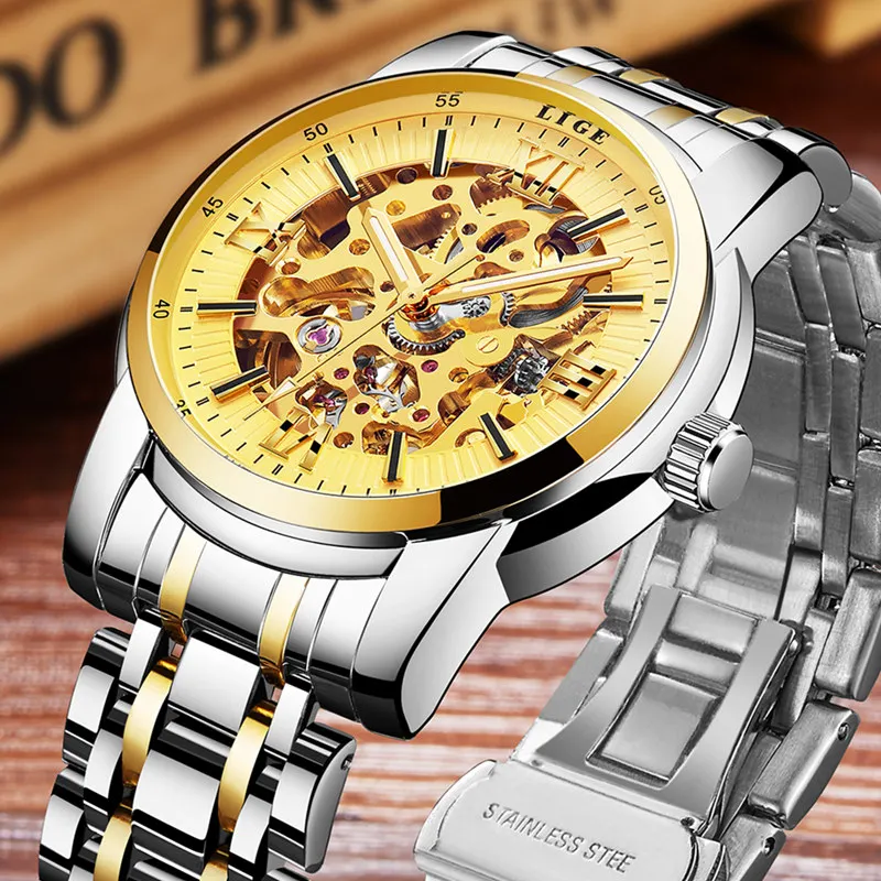 Для мужчин Часы 2017 lige бренд класса люкс известный Военное Дело часы Скелет