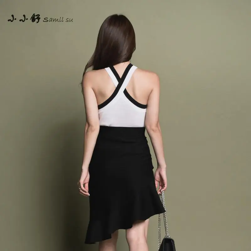 Женский сарафан с лямкой на шее черно-белый Вечерние ний Асимметричный Сарафан