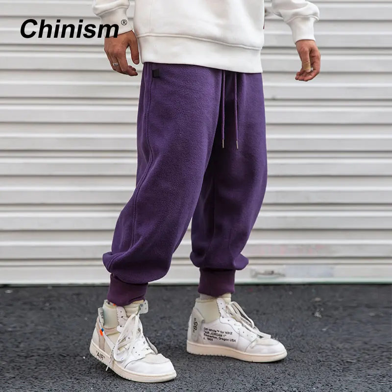 CHINISM чистый цвет Jogger спортивные брюки мужские с эластичной талией флисовый плед