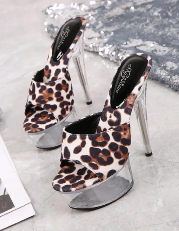 Бежевый Shoes Woman New Platform Slippers Transparent Crystal Leopard High Heels 15cm Waterproof Shoes Big Size Female Slippers - Цвет: Бежевый