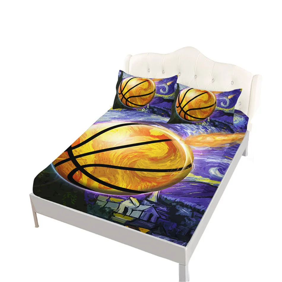 Colorful Oil Painting Basketball Sheet Set Cartoon Sports Design Bed Linens Flat Deep Pocket Fitted Pillowcase | Дом и сад