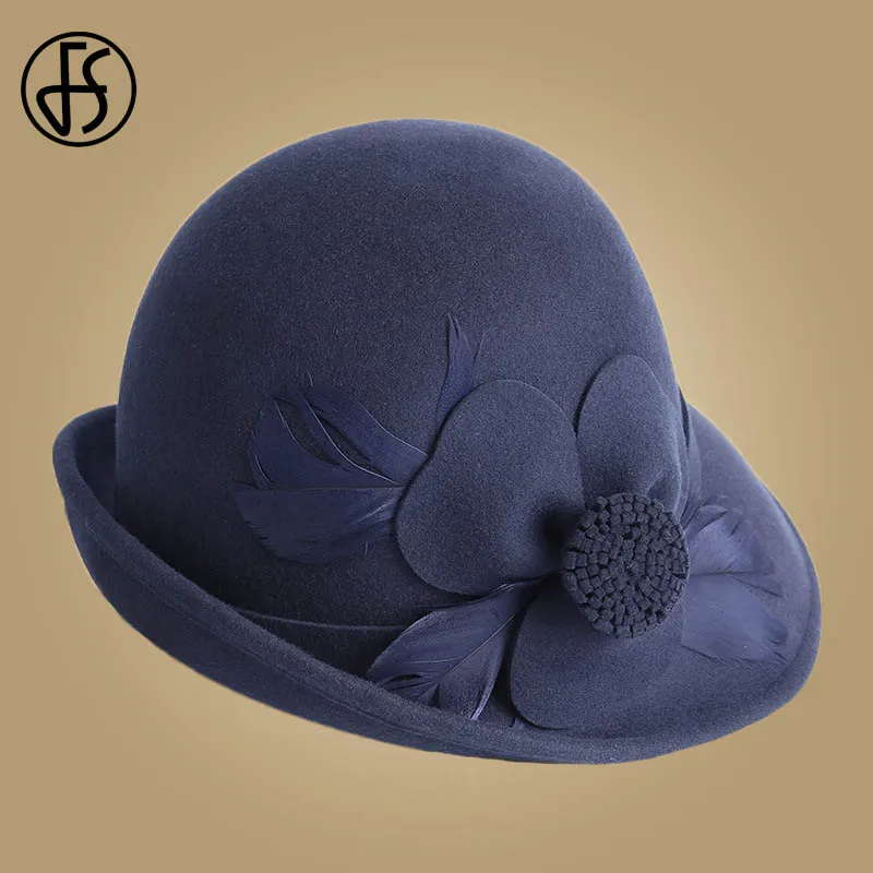 Женские шляпки из 100% шерсти FS элегантные с широкими полями и перьями красные