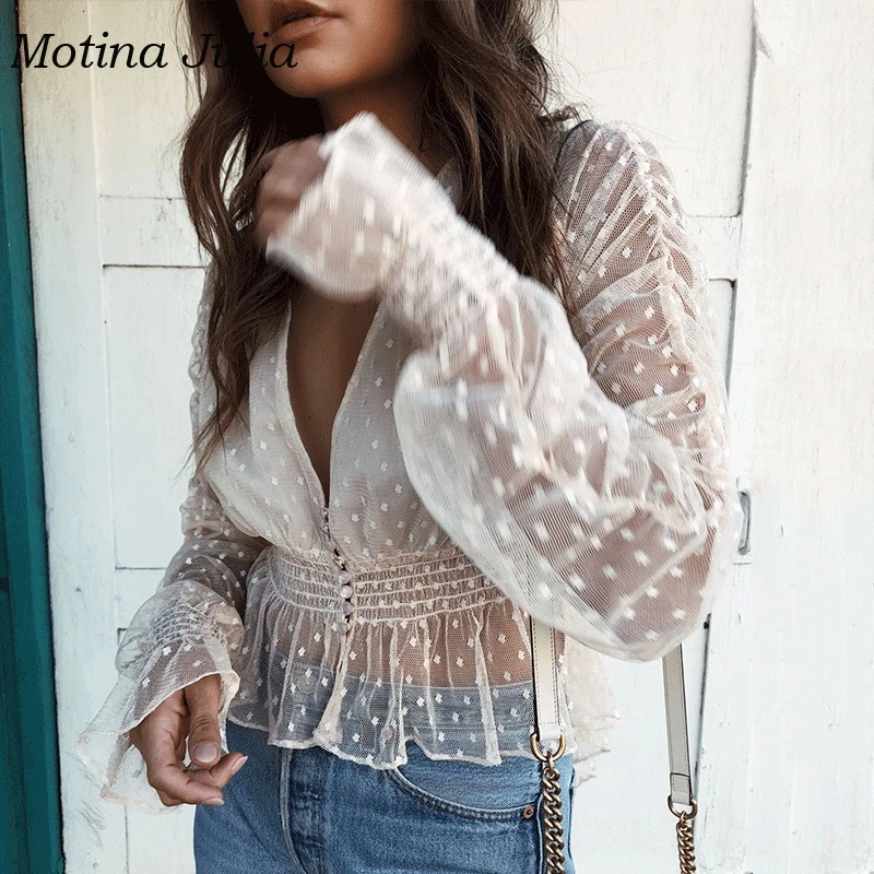 Motina Julia sexy see through lace blouses shirt women v neck dot mesh blusas female party clubwear tops |