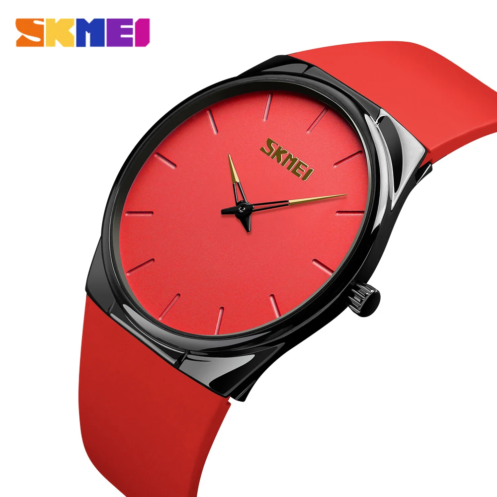 Red SKMEI мужские часы тонкие роскошные брендовые кварцевые наручные часы повседневные женские часы Простой дизайн 30 м водонепроницаемые часы Relogio Masculino - Цвет: Red