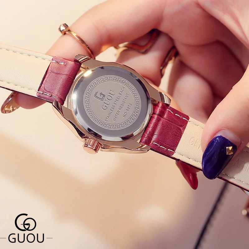 Женские Кварцевые Часы GUOU модные повседневные часы для отдыха с кожаным ремешком