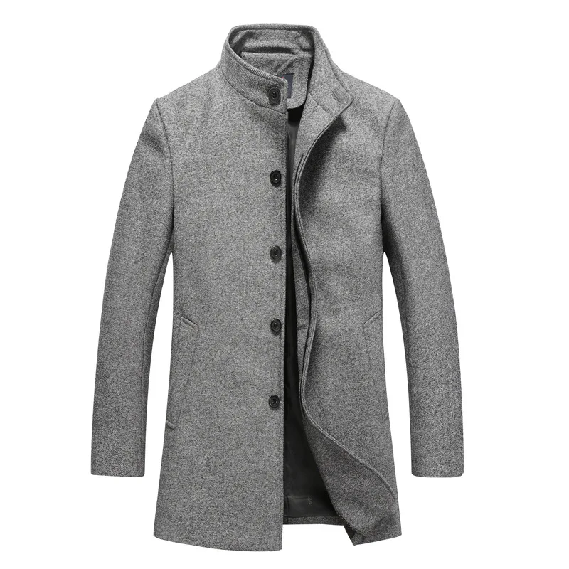 Light grey Новинка, зимний мужской теплый Тренч из смешанной шерсти, одноцветные повседневные куртки, длинное шерстяное кашемировое пальто, мужское приталенное повседневное плотное пальто - Цвет: Light grey