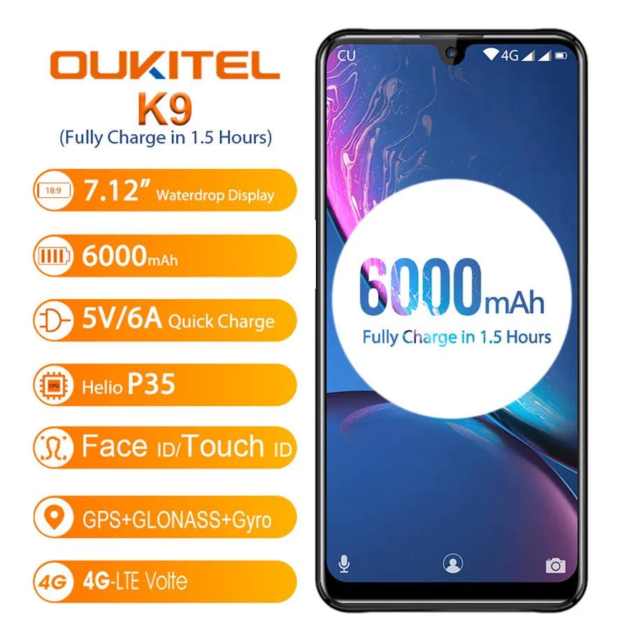 OUKITEL K9 4GB 64GB в виде капли воды 7 12 "FHD + безрамочный экран 1080*2244 6000mAh 5V/6A Quick Charge 16MP