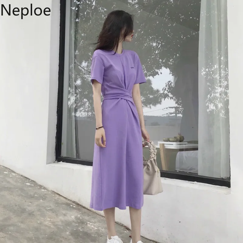 Neploe корейское однотонное женское платье 2019 летнее новое с круглым вырезом