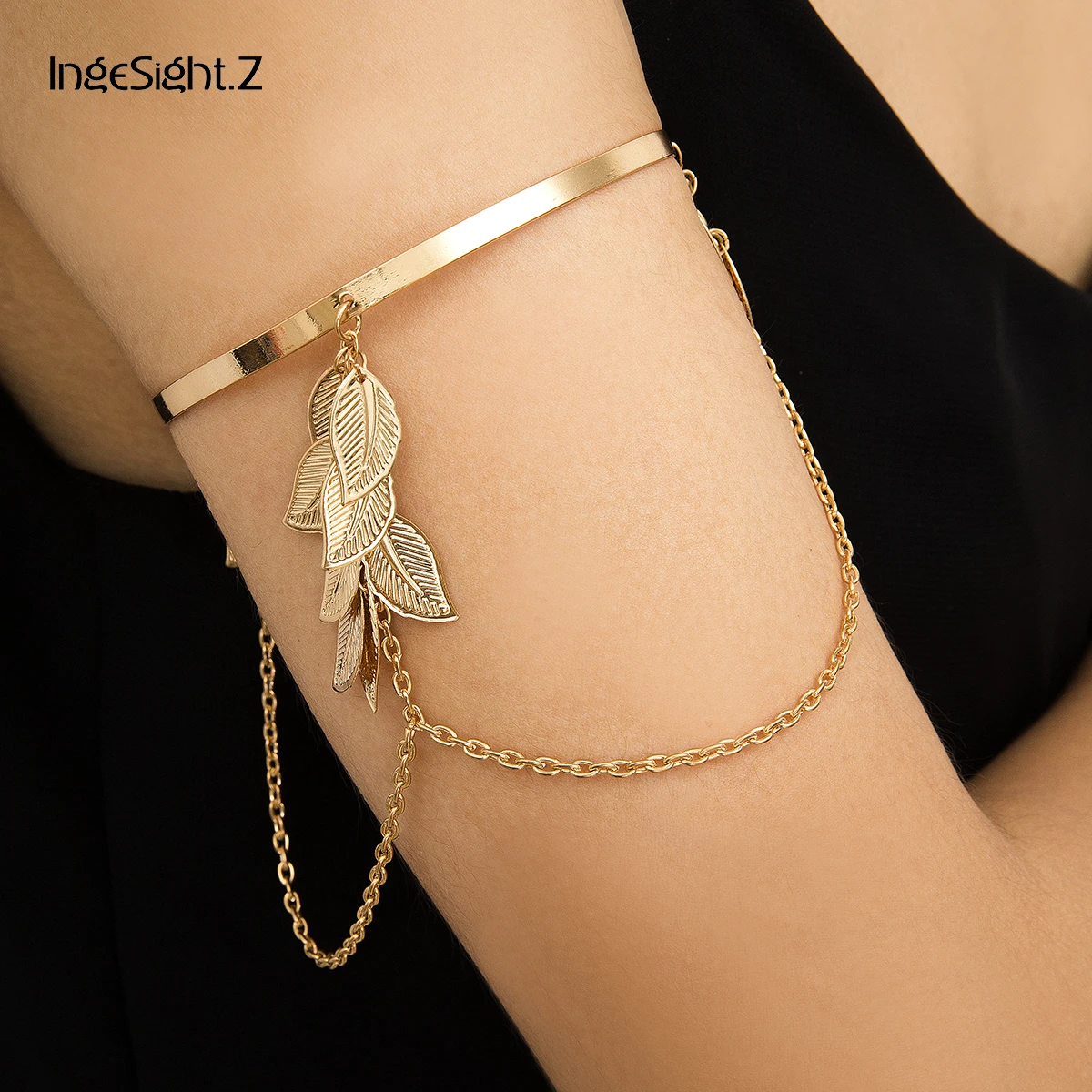 

IngeSight.Z Charm Leaves Tassel Pendant Couple Bracelets Bangles Bohemian Summer Upper Arm Cuff Bracelets for Women Jewelry Gift