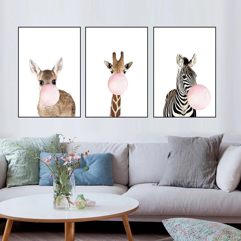 

africa jungle Animal Giraffe Zebra with bubbles Posters Canvas Painting Wall Picture for Kids room Decoration