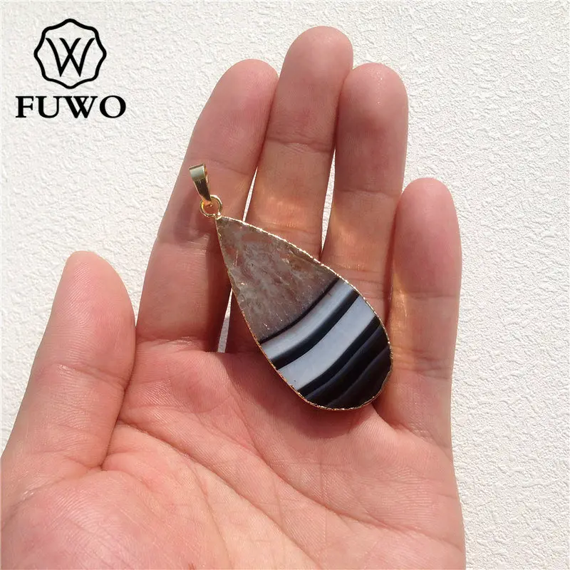 FUWO Natural Banded Agates Gem Stone Pendant 24K Electroplated High Quality Water Drop Shape Raw Crystal Jewelry Wholesale PD063 | Украшения