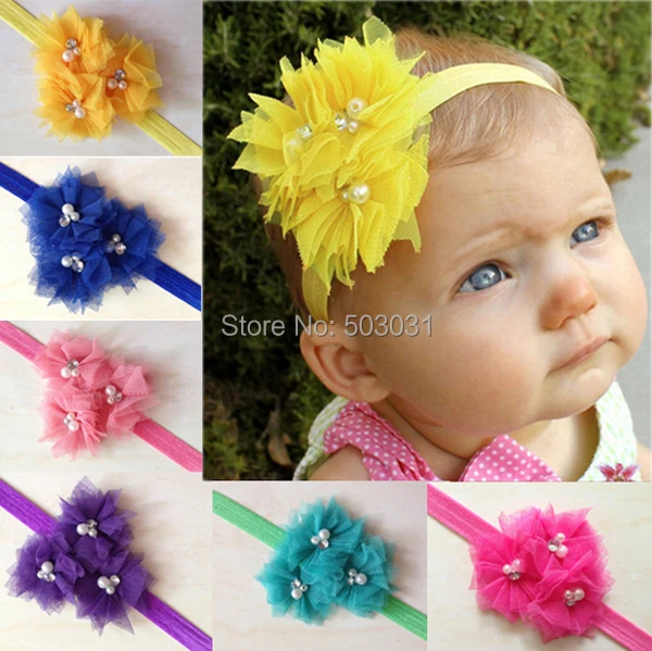 NEW 60pcs/lot 3XTull Mesh pearl flower Infant Baby Headbands Newborn Girls Hair Bands bows photograph props accessory |
