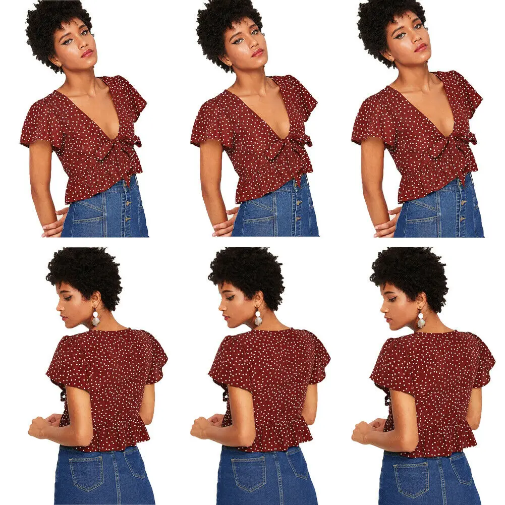 

Women Blouse Summer Short Sleeve Wave Point Blouse Casual Lady Loose V-Neck Shirt Tops
