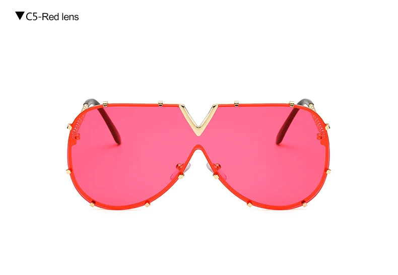 Red Lens DesolDelos Лидер продаж Новое поступление V большие солнцезащитные очки Для женщин Брендовая Дизайнерская обувь Для мужчин Роскошные зеркальные солнцезащитные очки без оправы - Цвет линз: Red Lens