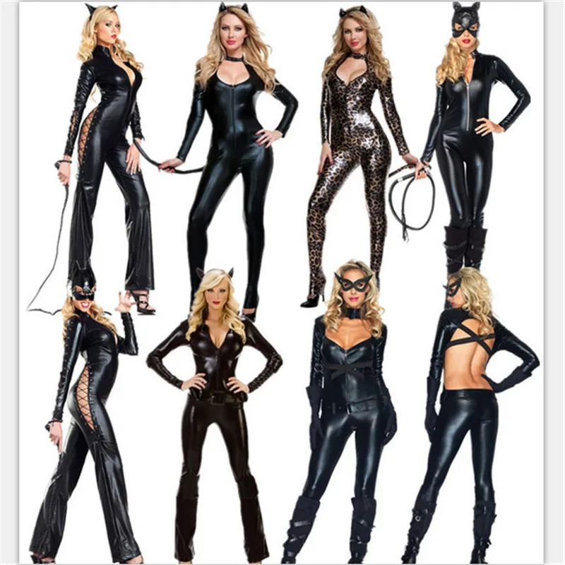 Новинка 2018 сексуальный костюм кошки длинный рукав черный комбинезон кожаная