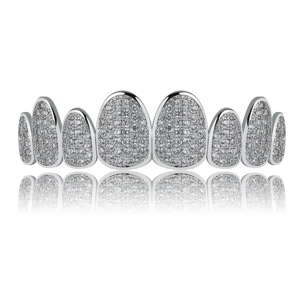 JINAO серебряный цвет Iced Out Gold Grillz ювелирные изделия с кристаллами Верхняя Нижняя решетка 8 зубов ювелирные изделия для тела хип-хоп Bling AAA кубический циркон для мужчин