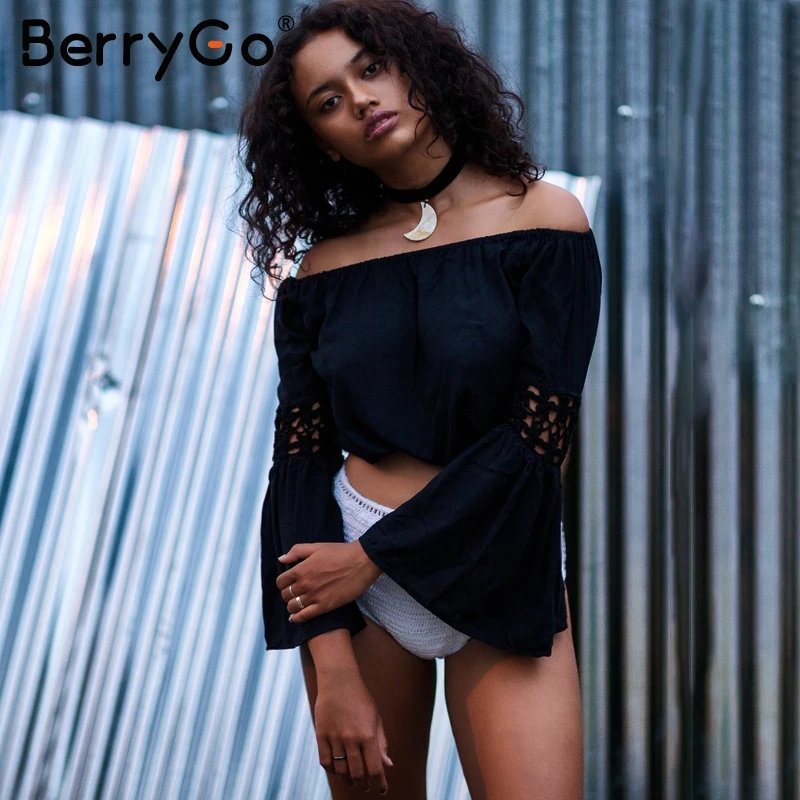 BerryGo крючком с плеча Белая Блузка длинный рукав фонарик блузка рубашка