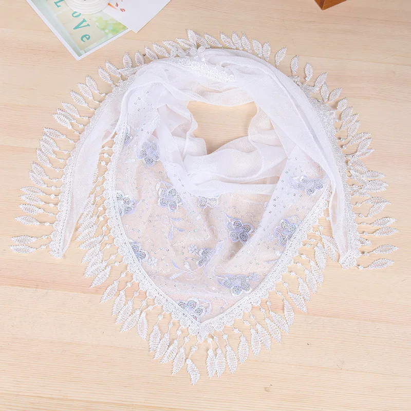

New Women's Lace Chiffon Embroidery Shawls Scarves Spring Autumn Tassel Fringe Triangle Stole Chal Cape Floral Pashmina Hijab