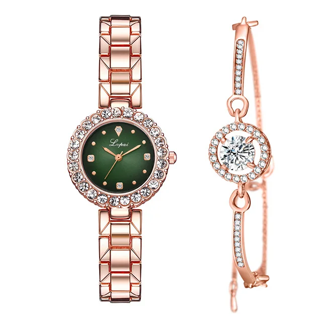 green bracelet Роскошные Алмазные зеленые часы женские часы со стразами браслет набор женские ювелирные изделия Модные розовое золото Звездные кварцевые часы для леди подарок - Цвет: green bracelet