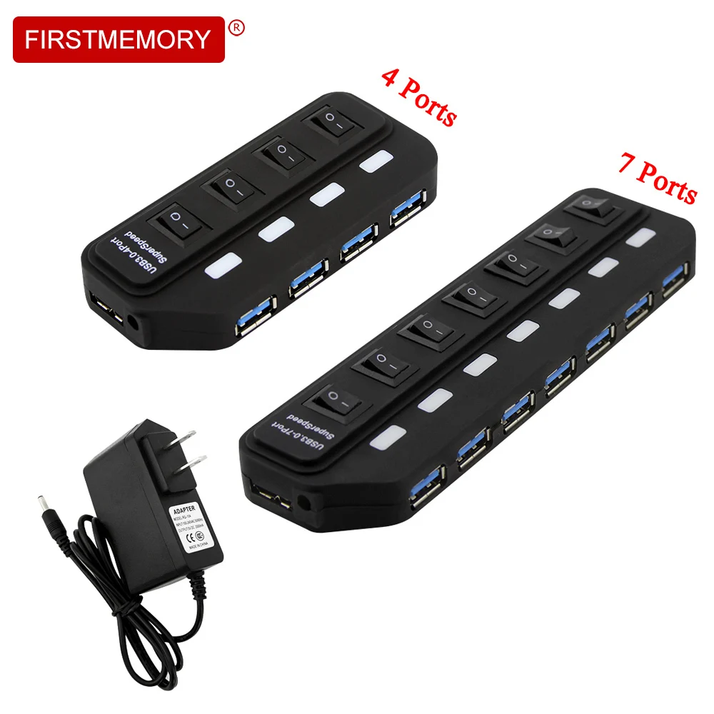 Firstmemory USB3.0 концентратор USB-A до 4/7 Порты и разъёмы USB3.0 на соответствие стандарту ЕС/США/AU/UK DC 5 V/2A Мощность адаптер светодиодный включения/выключения разветвитель для портативных ПК