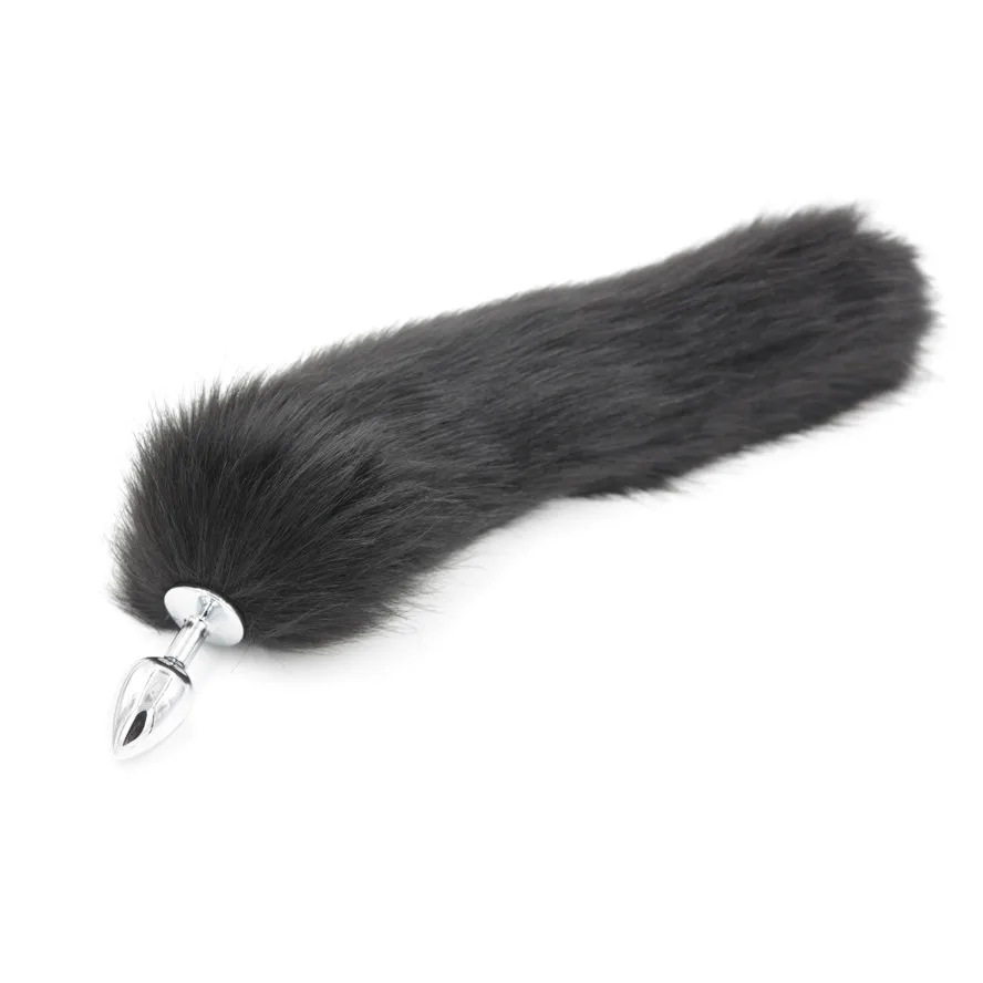 Искусственный Лисий хвост черный плюшевый мех с металлической анальной пробкой