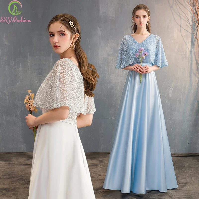 Женское длинное вечернее платье SSYFashion белое синее простое элегантное длиной до