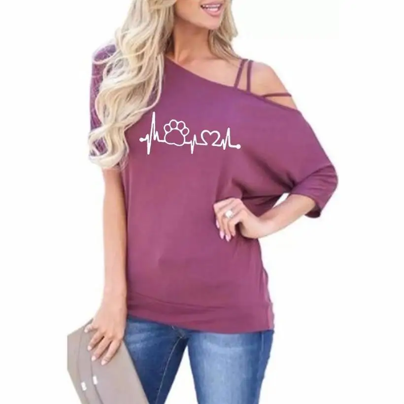 

Fashion Slanted Shoulder Sleeve Heartbeat Paw Letters Print T-Shirt For Women T-Shirt Women Harajuku Top Summer Tops Tumblr