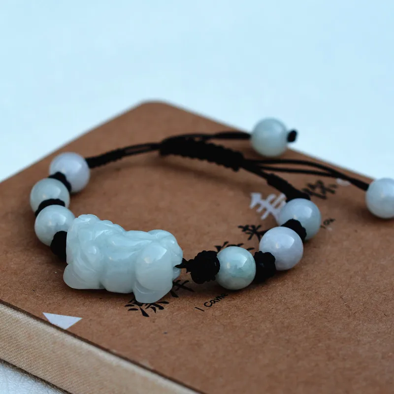Drop Shipping AAA Natural Jadeite Bracelet Cute Handmade Weave Carved PIXIU With Round Beads Lover's Bangles Gift Jades Jewelry |