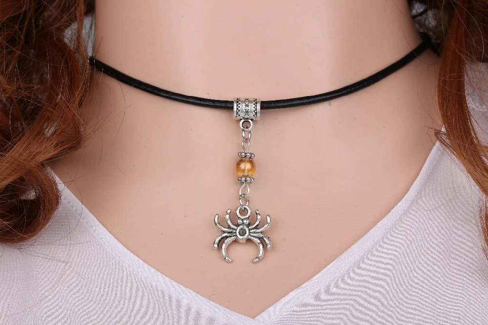 Винтажное серебряное металлическое кожаное ожерелье паук подвеска стеклянные