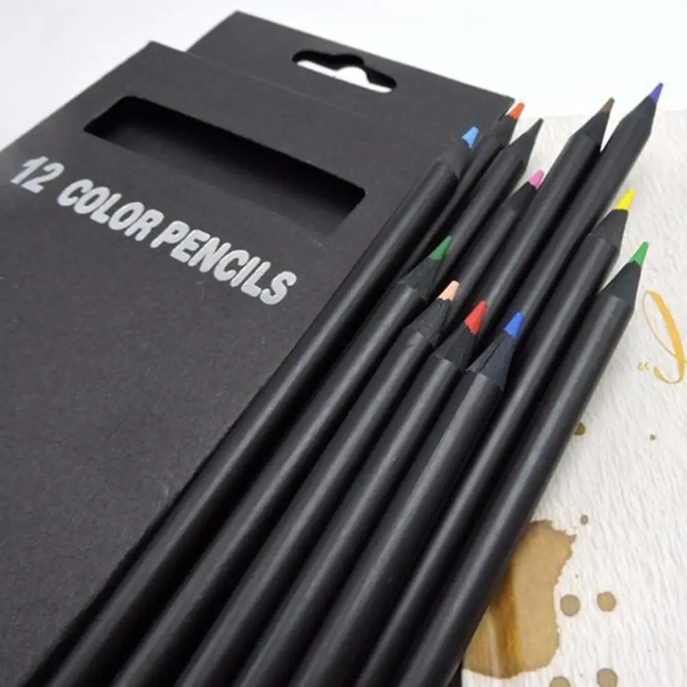 

12 Pcs/Set High Quality Color Pencil Colored Pencils 12 Different Colours Kawaii School Black Wooden Pencils