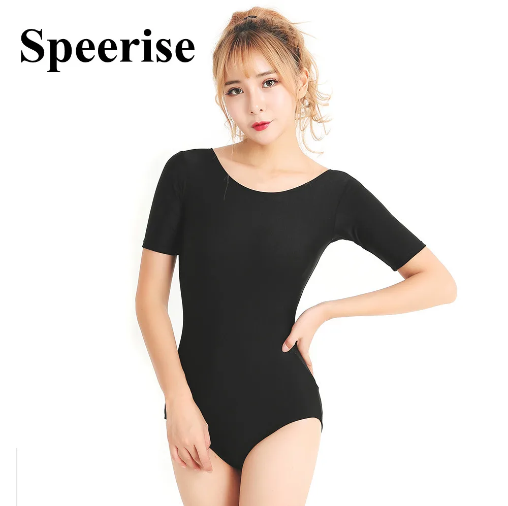 

Speerise Adult Short-sleeve Ballet Dancewear Leotards Thong Gymnastics Leotard Black Unitard Custome Skin Costumes