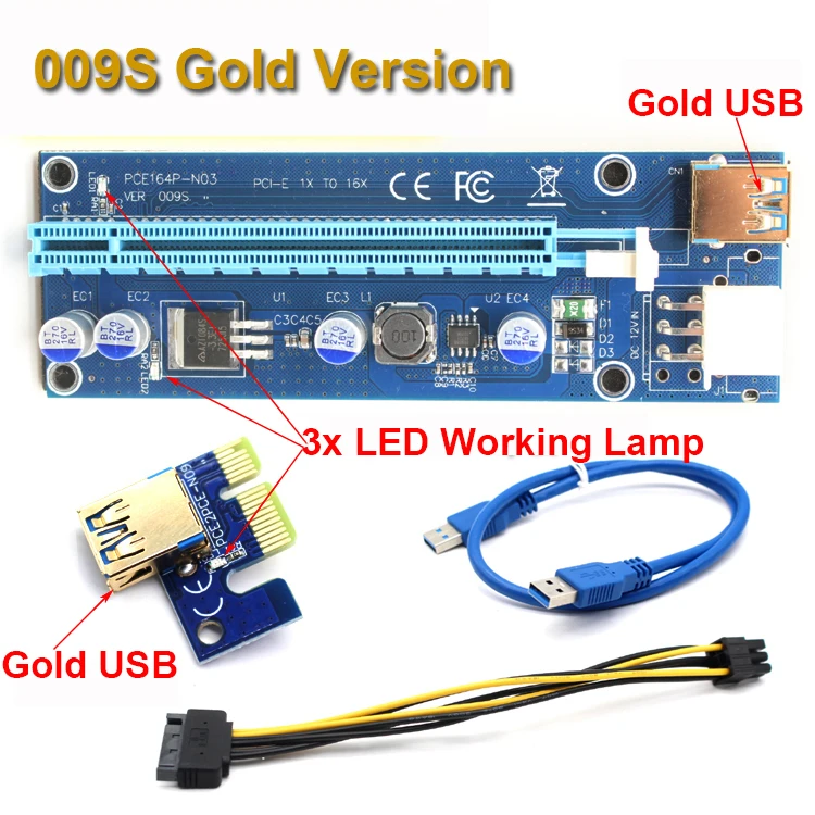 50 шт. 009S Risers PCIe PCI E Express Riser Card 1X to16x USB 3 0 кабель для передачи данных 6 Pin SATA источник
