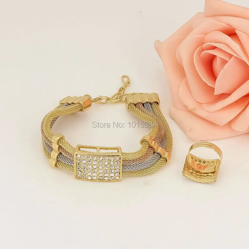 New Year Sales~ Three Tone Charms Choker Dubai Elegant Women Gifts Necklace Bracelet Earring Ring Sets Crystal Jewelry | Украшения и