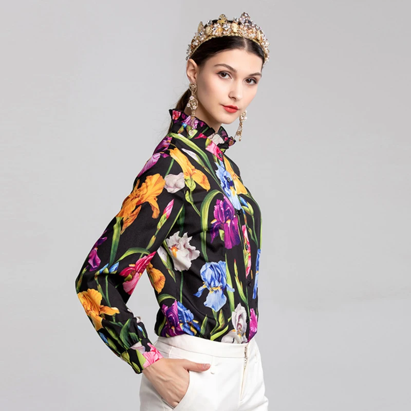 2018 Autumn Women Tops High Quality Black Floral Printed Chiffon Ruffled Collar Vintage Runway Design Shirt |