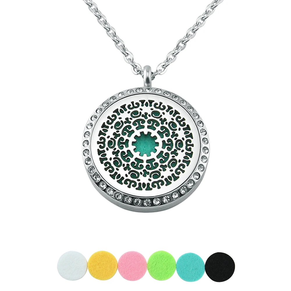 

6 Free pads Crystal flower oil diffuser perfume aromatherapy locket necklaces pendants fashion solid women men stainless steel