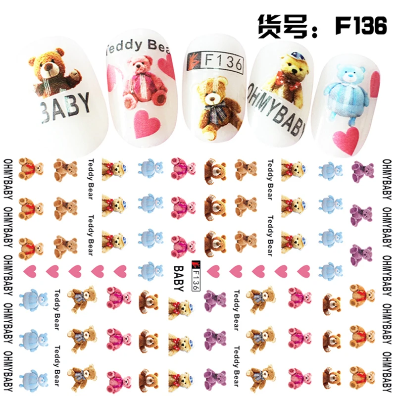 

3 sheets Teddy bear design ADhesive Nails Art decorations Stickers nail accessories beauty manicure tool nail decals F134-136