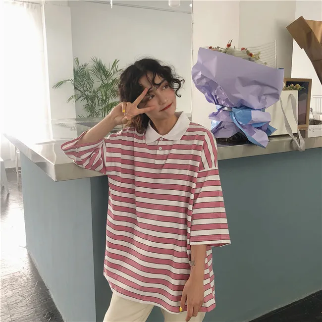 Ulzzang, летняя, с коротким рукавом, с отложным воротником, женская, большой размер, в полоску, свободная, новая, Harajuku, половина, винтажная, хлопковая футболка, топы