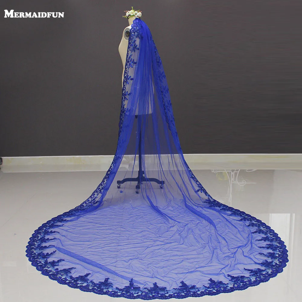 

Новая королевская синяя кружевная Длинная свадебная фата с блестками длиной 3 метра красочная свадебная фата с гребнем