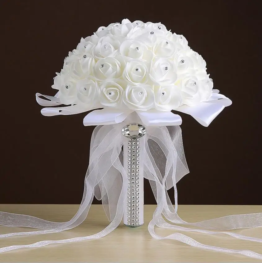 

Bridal Wedding Bouquet With Pearl Beaded Romantic Ball Bouquet Foamflowers White Ribbon For Wedding Party Venue Decoration