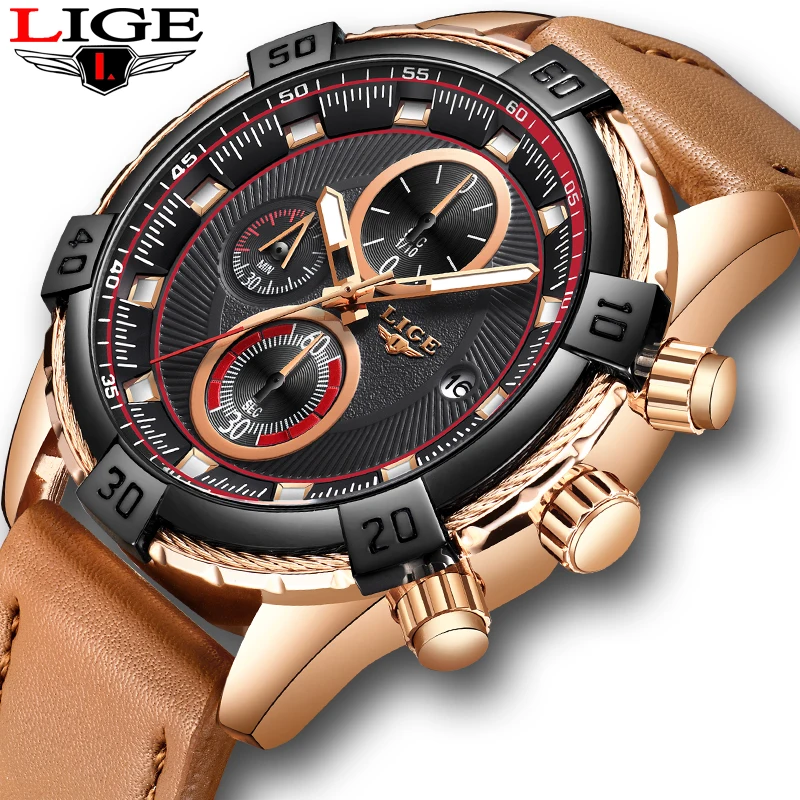 

Men Watches LIGE Fashion Business Chronograph Top Brand Luxury Quartz Watch Men Casual Leather Waterproof Watch Reloj Hombre+Box