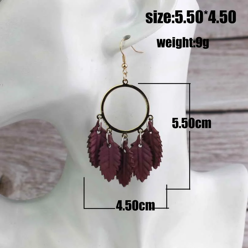 

2019 New Arrive 6 Style Leaf Shape Fringe Genuine leather Drop Earrings Alloy Hollow Circel Dangle Drop Earrings for Woman