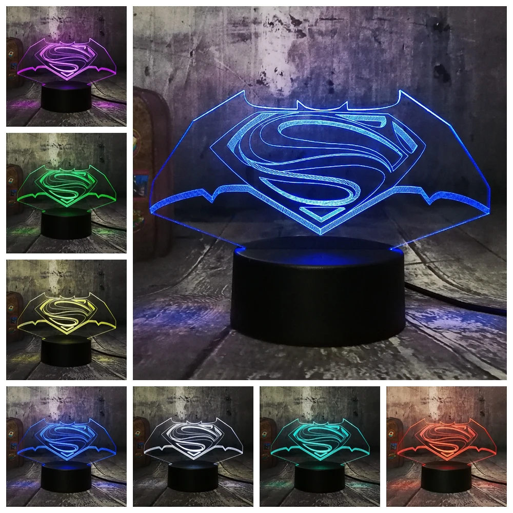Cool 3D LED DC Superman Batman Logo Symbol Night Light Desk Table Lamp 7 Color Change Flashlight USB RGB Controler Toy Kids toys | Лампы и