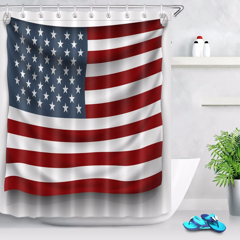 

American Flag Shower Curtain Stripe Star Bathroom White Waterproof Washable Mildew Resistant Polyester Fabric for Bathtub Decor