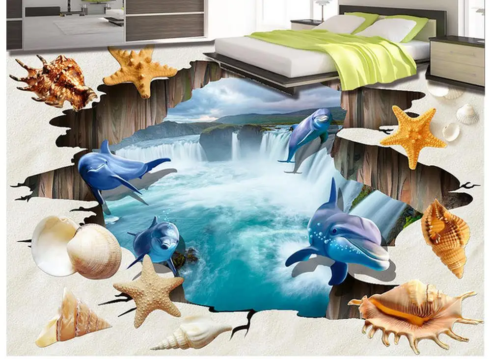 3D обои с рисунком пола Дельфина пляжа ракушки гостиной ванной комнаты 3d