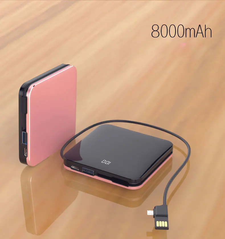 Rosy Gold with Cable D72 портативный мини внешний аккумулятор 8000 мАч с ЖК-зеркальным экраном Ультратонкий Встроенный кабель 3 в 1 Беспроводное зарядное устройство Портативный внешний аккумулятор - Цвет: Rosy Gold with Cable