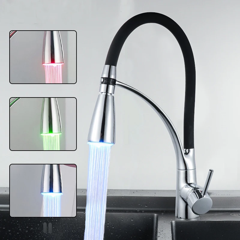 

Kitchen Sink Faucet Temperature Control LED 3 Colors With Pull Out Sprayer Single Handle Single Hole Deck Mounted Faucet Black